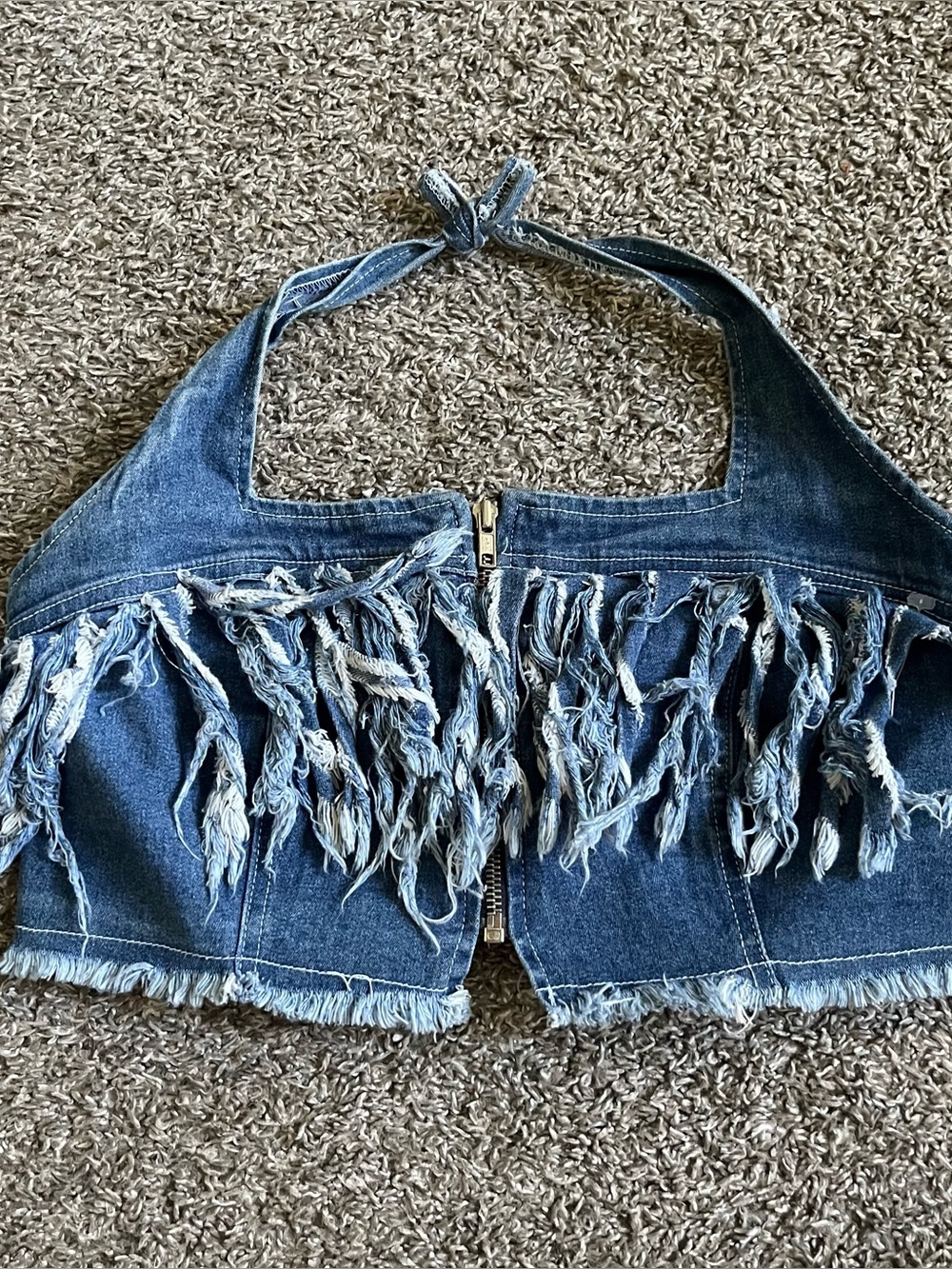 Vintage Y2K Denim Halter Cropped Top Fringe Large Western Cowgirl Festival